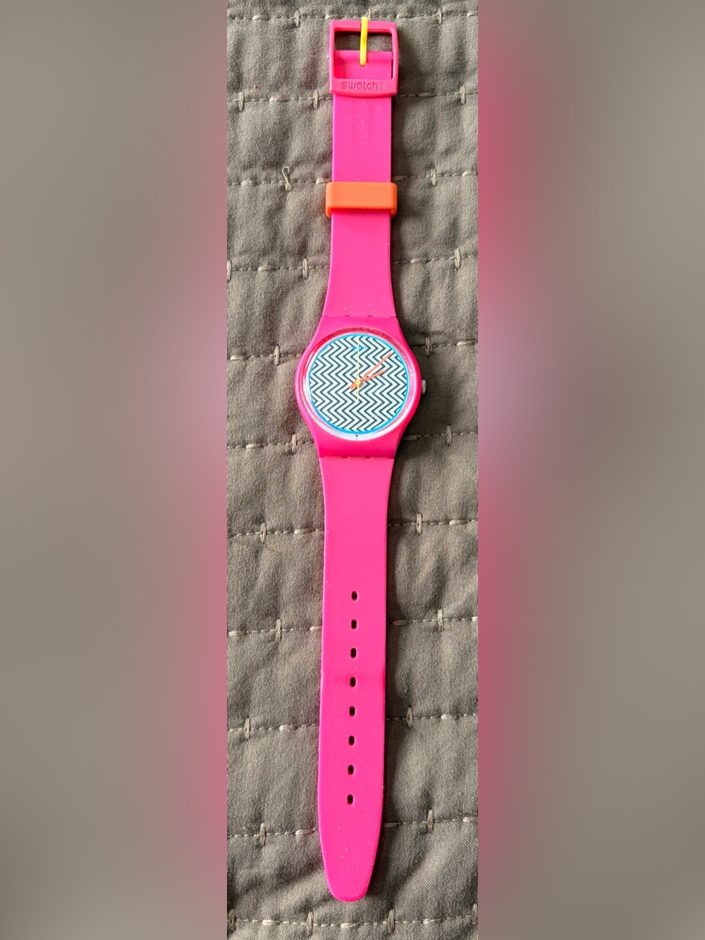 Swatch Hot Pink Silicone Watch with Chevron Dial and Orange Accent